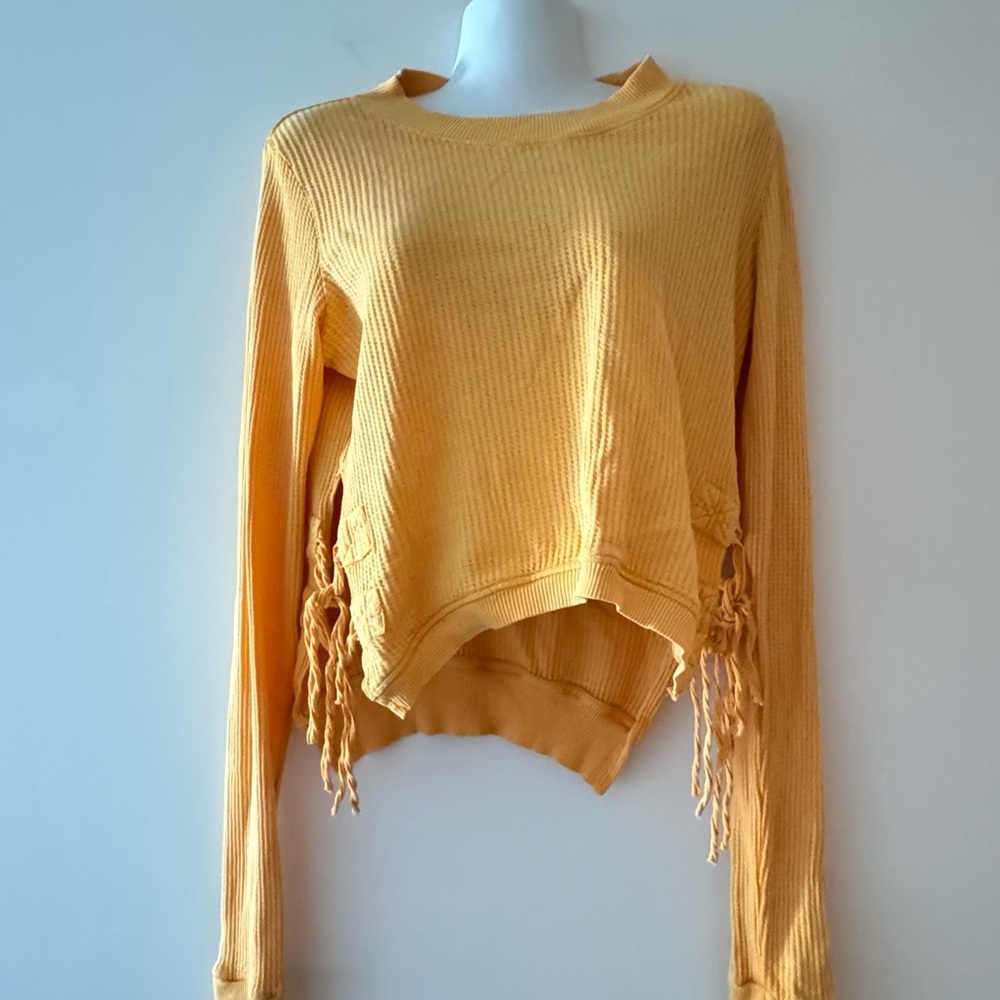 Free People Mustard Knit Sweater with Fringe & Side Tie Detail S